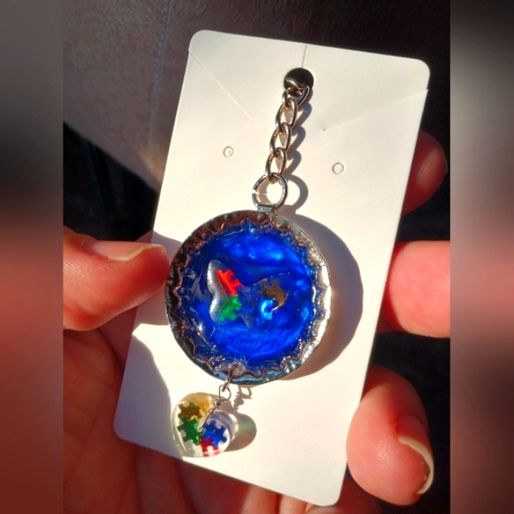 Beautiful shiny bottle cap Autism Awareness keychain or necklace  various colors